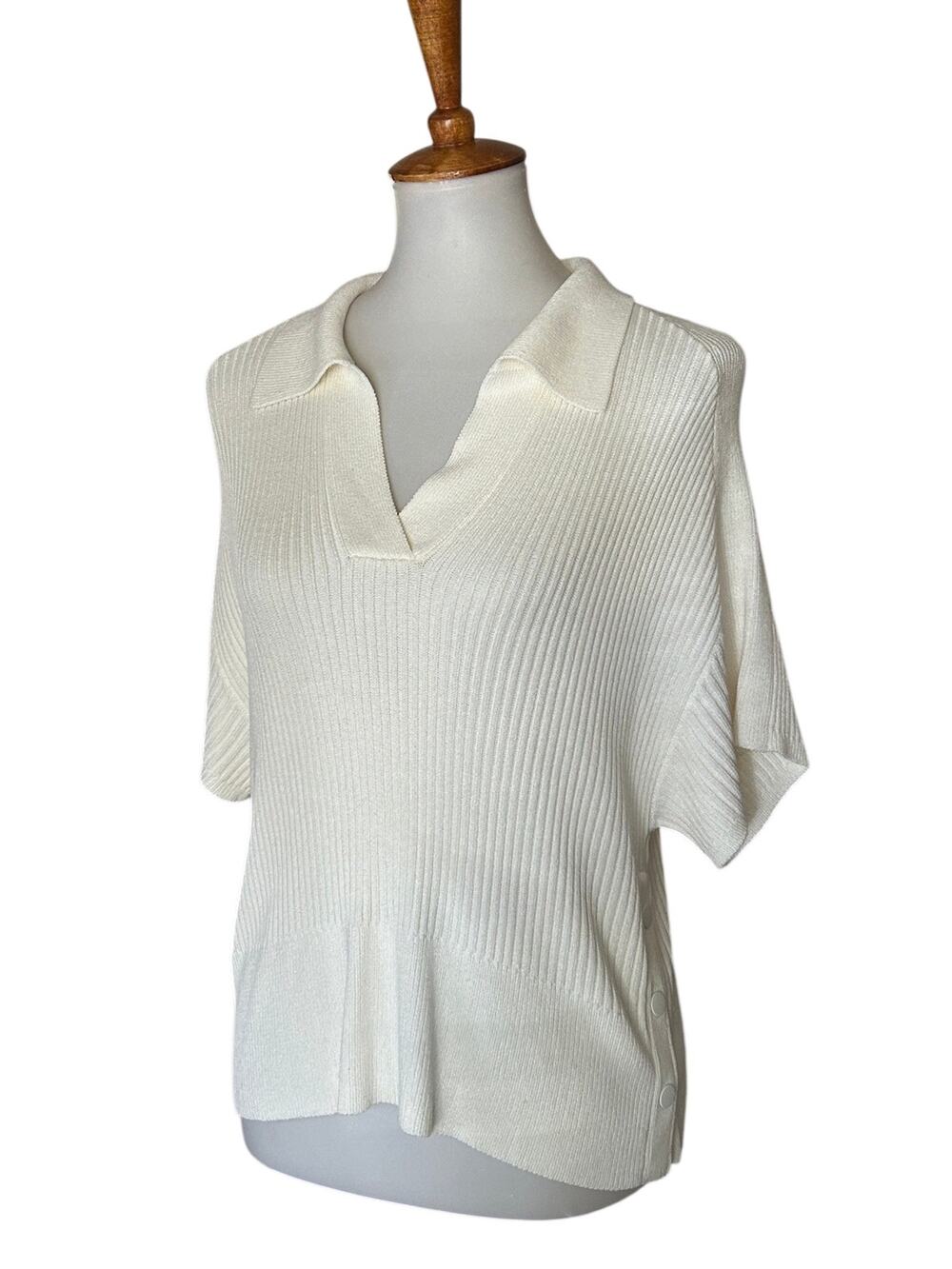 Rag & Bone Polo Ribbed Knit Top Cream Johnny Collar Snap Side Detail
